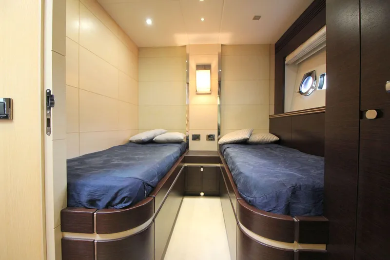 Escape Yacht Photos Pics Luxurious twin cabin interior of 2014 Sunseeker 68 Sport Yacht.