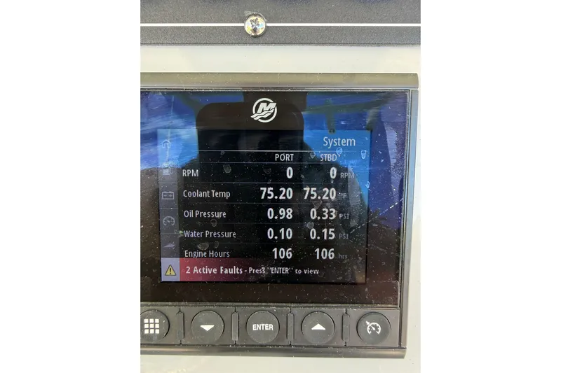  Yacht Photos Pics Dashboard display of a 2023 Boston Whaler 280 Outrage showing engine diagnostics.
