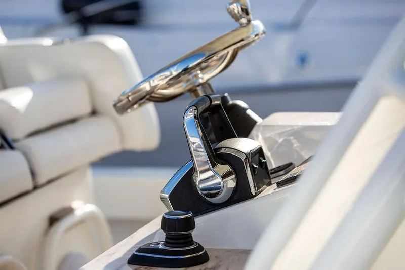 Stargazer Yacht Photos Pics 2024 Hinckley Sport Boat 40c steering wheel and controls close-up.