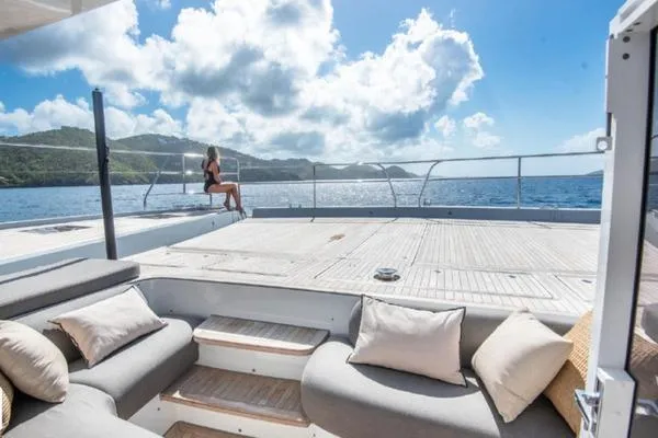4ever VI Yacht Photos Pics Luxurious Lagoon 67 yacht deck with scenic ocean view, 2022 model.