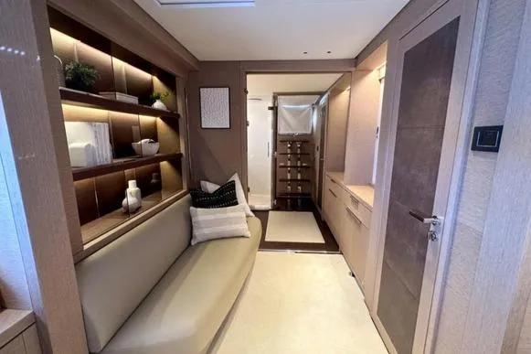 4ever VI Yacht Photos Pics Luxurious interior of 2022 Lagoon 67 yacht with modern seating and elegant decor.
