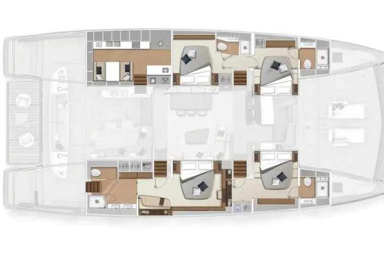 4ever VI Yacht Photos Pics Floor plan of a 2022 Lagoon 67 yacht, featuring multiple cabins and living areas.