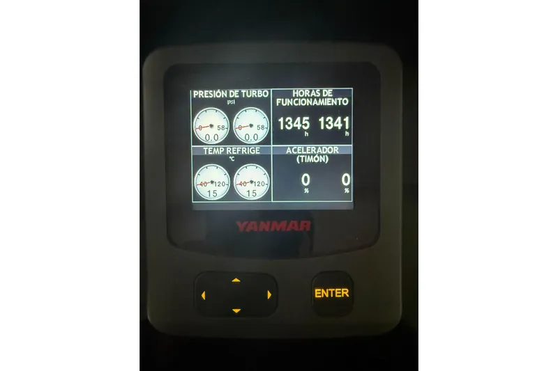 4ever VI Yacht Photos Pics Yanmar engine display showing turbo pressure, operating hours, and temperature for Lagoon 67, 2022 model.