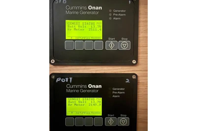 4ever VI Yacht Photos Pics Control panels of Cummins Onan marine generators on a 2022 Lagoon 67 yacht.