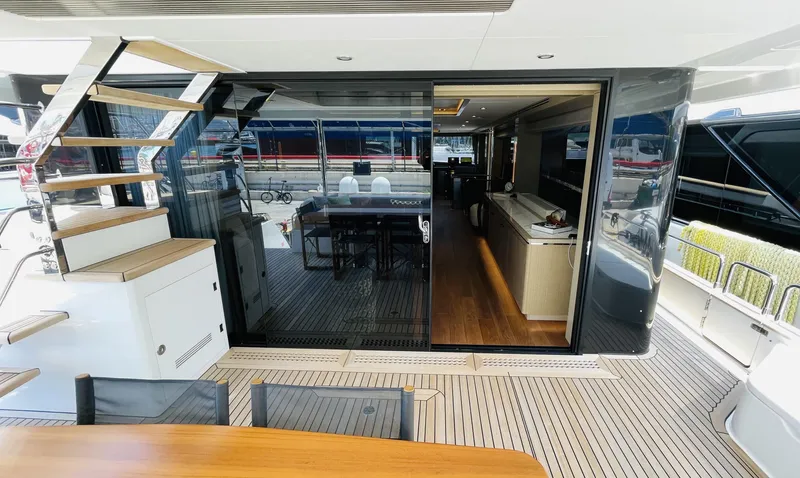  Yacht Photos Pics Luxurious 2024 Sirena 78 yacht interior with modern design and spacious deck area.