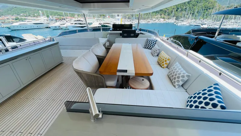  Yacht Photos Pics Luxurious 2024 Sirena 78 yacht deck with elegant seating and scenic marina view.