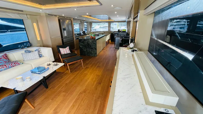  Yacht Photos Pics Luxurious interior of 2024 Sirena 78 yacht with modern furnishings and elegant design.