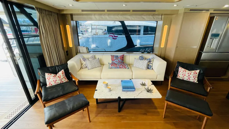  Yacht Photos Pics Luxurious interior of 2024 Sirena 78 yacht with elegant seating and modern decor.