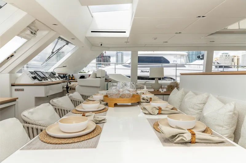 Fat Cat Yacht Photos Pics Luxurious interior of 2024 Sunreef 80 Power Cat yacht with elegant dining setup.