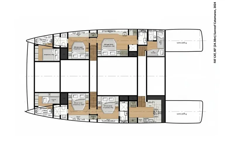 Fat Cat Yacht Photos Pics Floor plan of 2024 Sunreef 80 Power Catamaran, showcasing spacious layout and modern design.