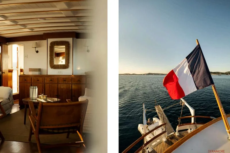 Deramore Yacht Photos Pics 1971 Dagless Ambassador yacht interior and French flag on deck at sea.