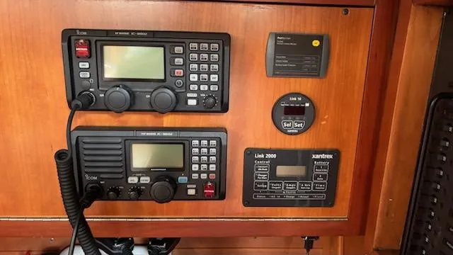 Wasabi Pea Yacht Photos Pics Control panel of a 2003 J Boats J/46 yacht with communication and navigation equipment.