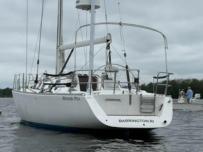 Wasabi Pea Yacht Photos Pics 2003 J Boats J/46 sailboat on water, overcast sky, Barrington RI.