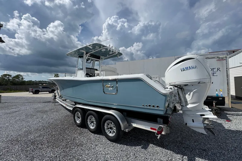  Yacht Photos Pics 2023 Sea Hunt Gamefish 30 Coffin Box boat with Yamaha engines on a trailer.