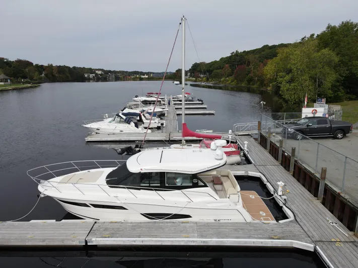 No Regrets Yacht Photos Pics 2020 Regal 38 Grande Coupe docked at a marina, surrounded by other boats and lush greenery.
