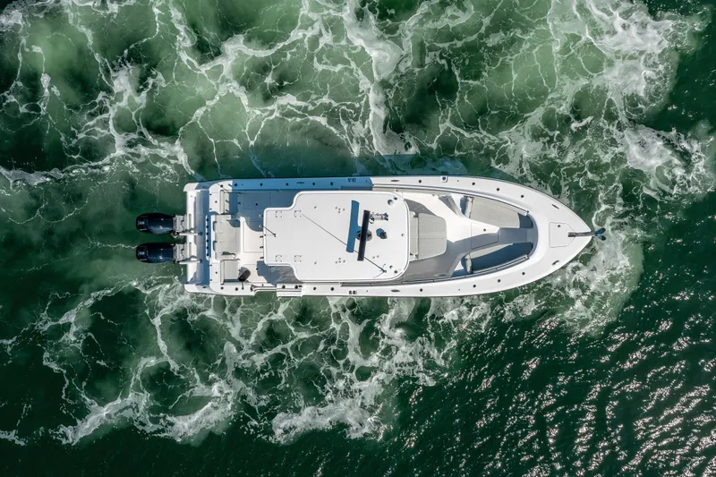  Yacht Photos Pics Aerial view of 2024 HCB 39 Speciale boat cruising on water.