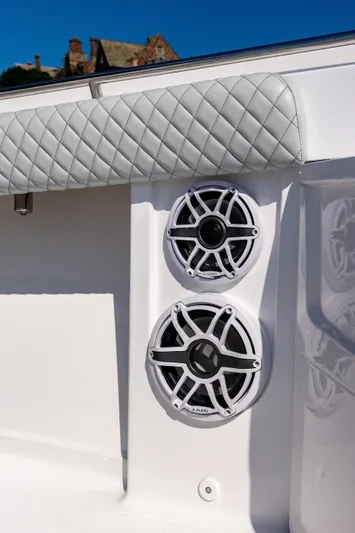  Yacht Photos Pics 2024 HCB 39 Speciale boat with dual marine speakers and quilted upholstery.