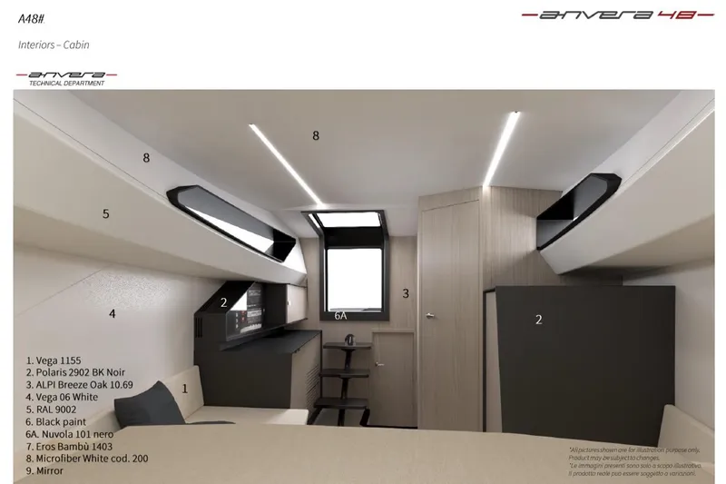  Yacht Photos Pics Interior view of 2026 Anvera 48 cabin with modern design elements and sleek finishes.