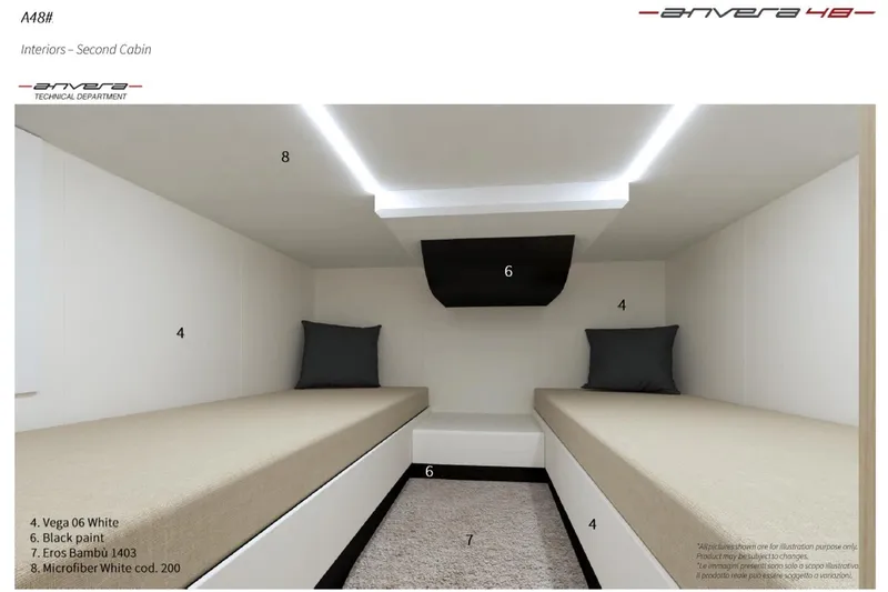  Yacht Photos Pics Interior of 2026 Anvera 48 yacht's second cabin with modern design and neutral tones.