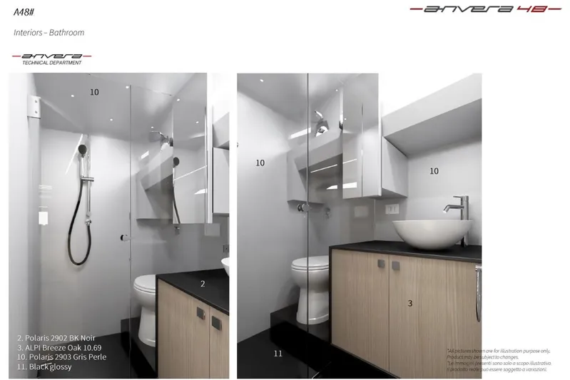  Yacht Photos Pics Modern Anvera 48 bathroom interior with sleek fixtures and minimalist design, 2026 model.