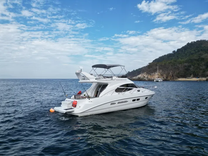  Yacht Photos Pics 2009 Sealine F42/5 yacht on calm sea near a forested coastline.