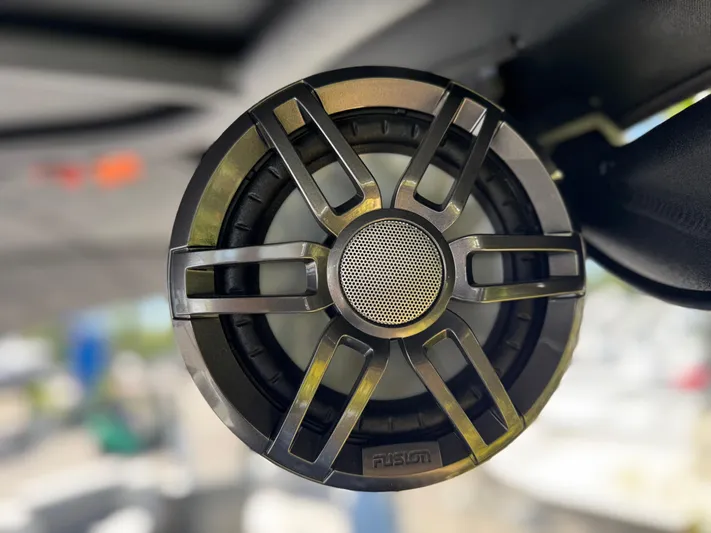  Yacht Photos Pics Close-up of a Fusion speaker on a 2025 Avalon Excalibur boat.