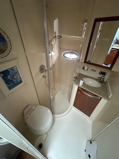 Ballerina Yacht Photos Pics 2004 Sea Ray 390 Motor Yacht bathroom with shower, toilet, sink, and mirror.