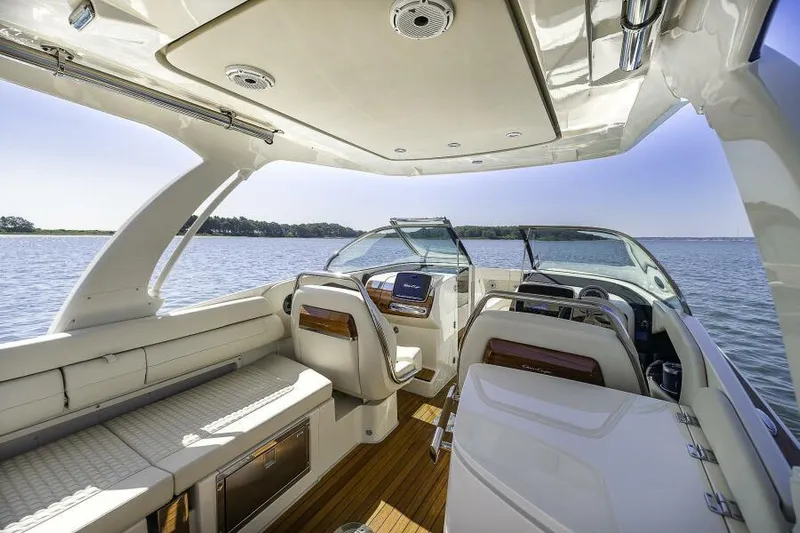 Get Back Yacht Photos Pics 2022 Chris-Craft Launch 31 GT boat interior with luxurious seating and modern dashboard.
