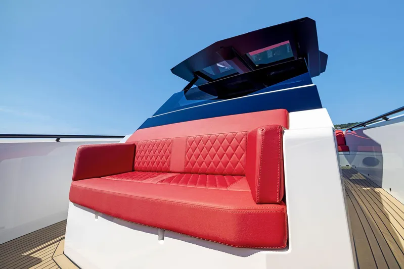 Outrageous Yacht Photos Pics 2024 Vanquish Yachts VQ 40 with red leather seating and modern design.