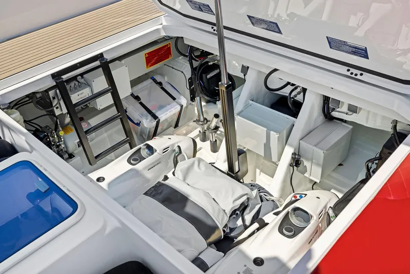 Outrageous Yacht Photos Pics Engine compartment of 2024 Vanquish Yachts VQ 40, showcasing advanced marine engineering.