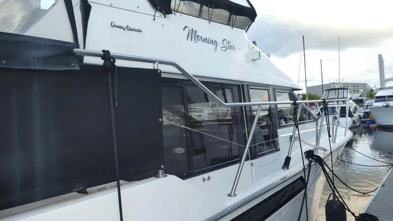 Morning Star Yacht Photos Pics 1993 Ocean Alexander 440 Sundeck CPMY docked, featuring sleek design and spacious deck.