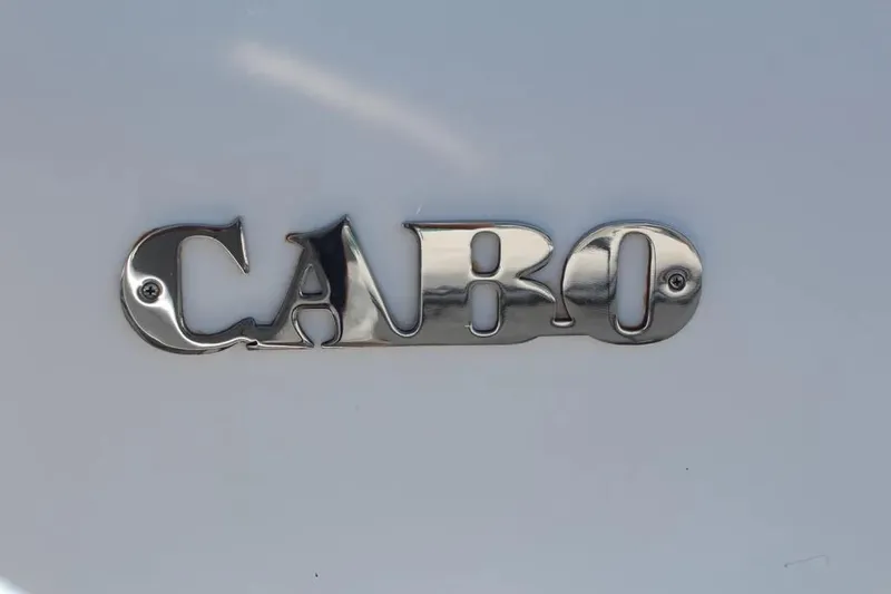  Yacht Photos Pics Chrome "Cabo" logo on 2013 Cabo 40 Hardtop Express boat.