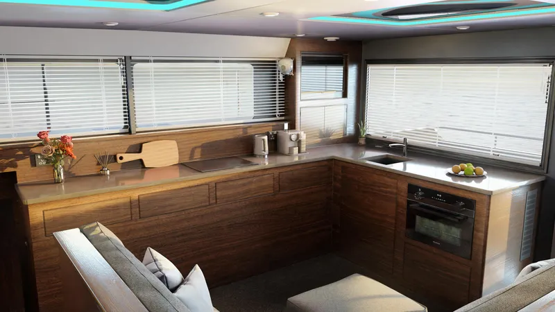  Yacht Photos Pics Modern kitchen in 2025 Archipelago 47 yacht with wooden cabinetry and large windows.