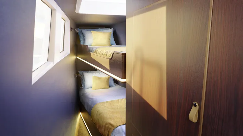  Yacht Photos Pics 2025 Archipelago 47 yacht interior with modern bunk beds and cozy lighting.