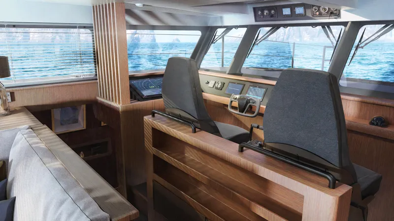  Yacht Photos Pics Modern interior of Archipelago 47 yacht, 2025 model, featuring a sleek helm and panoramic windows.