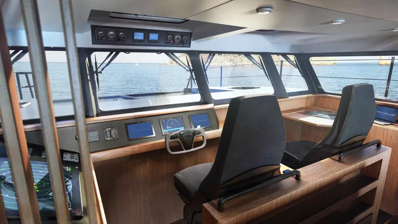  Yacht Photos Pics Interior cockpit of Archipelago 47 yacht, 2025 model, with modern navigation equipment.