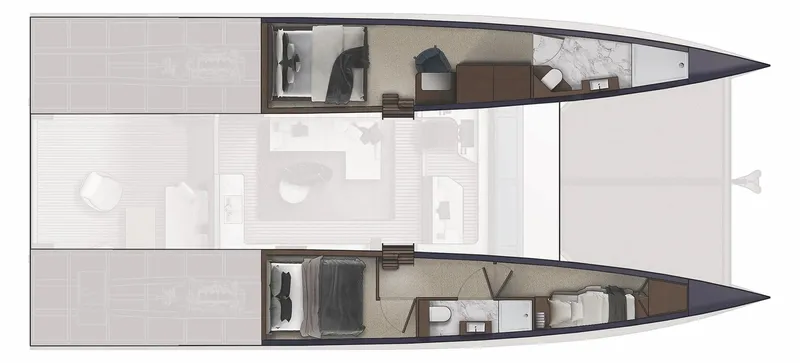  Yacht Photos Pics Top view of 2025 Archipelago 47 yacht interior layout with bedrooms and bathrooms.