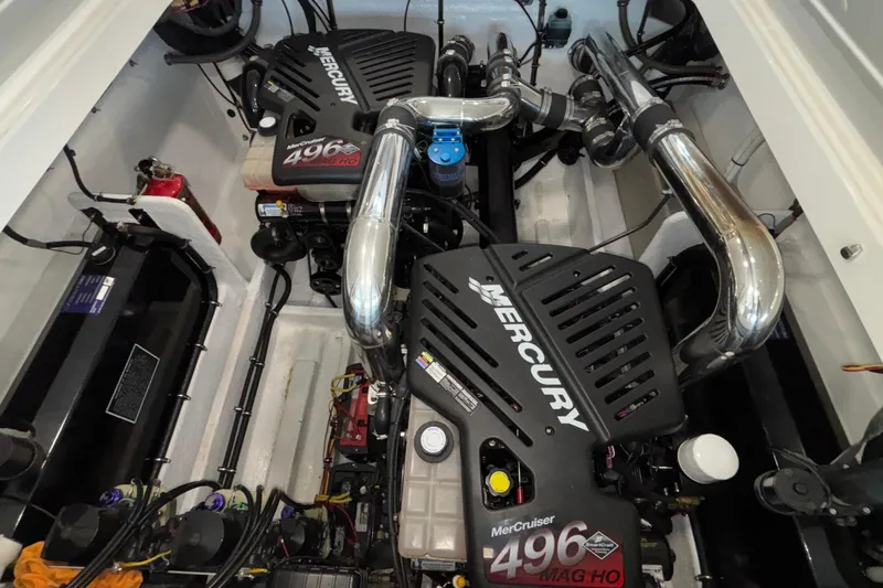  Yacht Photos Pics Engine compartment of a 2006 Fountain 42 Executioner with dual Mercury 496 MAG HO engines.