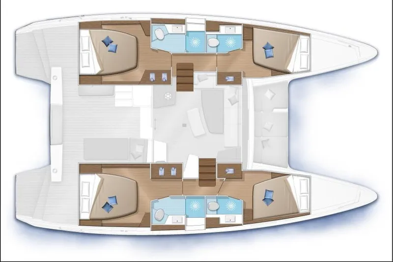 Pau Hana Yacht Photos Pics Floor plan of a 2020 Lagoon 42 catamaran, featuring four cabins and bathrooms.