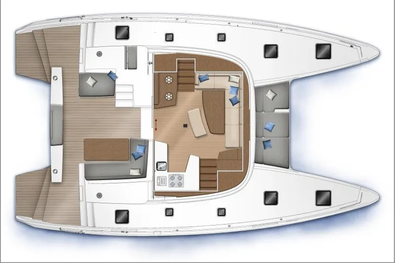 Pau Hana Yacht Photos Pics Floor plan of a 2020 Lagoon 42 catamaran, featuring spacious interior and deck layout.