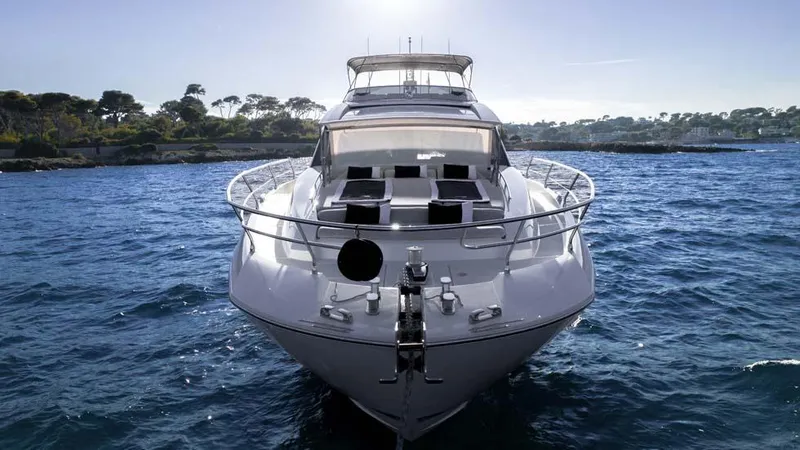  Yacht Photos Pics 2019 Prestige 680 S yacht on open water, front view, sunny day.