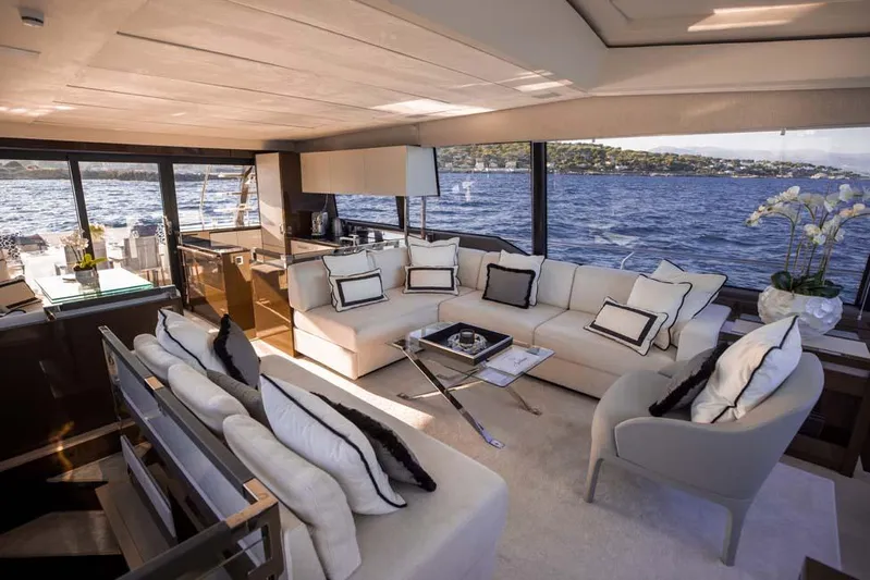  Yacht Photos Pics Luxurious interior of 2019 Prestige 680 S yacht with elegant seating and panoramic views.