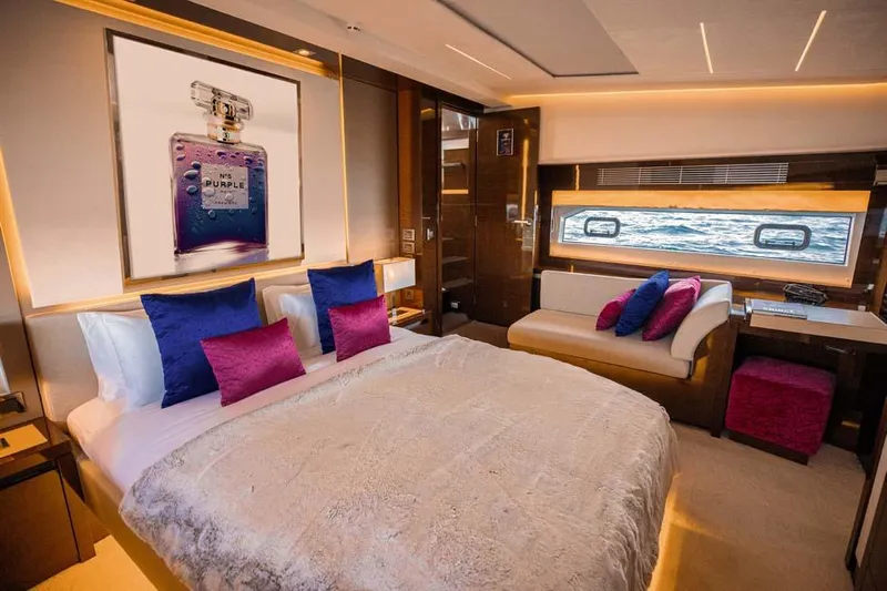  Yacht Photos Pics Luxurious bedroom interior of 2019 Prestige 680 S yacht with elegant decor and ocean view.