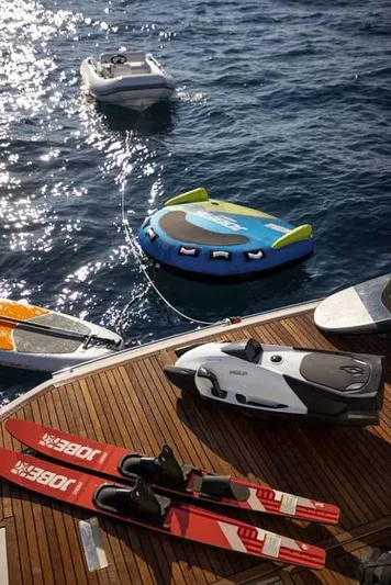  Yacht Photos Pics Water sports equipment on Prestige 680 S yacht deck, 2019 model, with inflatables and skis.