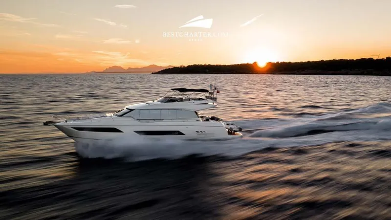  Yacht Photos Pics Luxurious 2019 Prestige 680 S yacht cruising at sunset on open water.