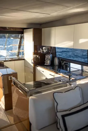  Yacht Photos Pics Luxurious kitchen interior of 2019 Prestige 680 S yacht with ocean view.