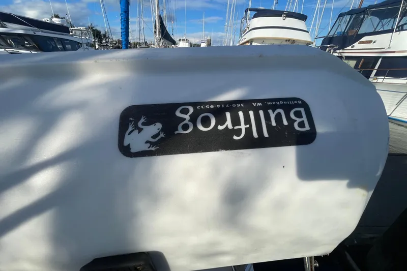 Happy Phantom Yacht Photos Pics 1996 Bayliner 4087 Aft Cabin Motoryacht with "Bullfrog" logo, docked at marina.