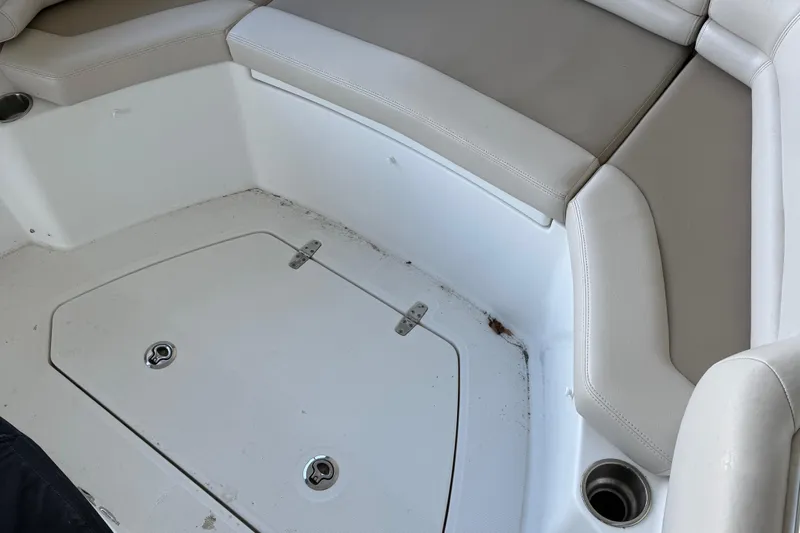  Yacht Photos Pics Interior seating area of a 2016 Boston Whaler 330 Outrage boat.