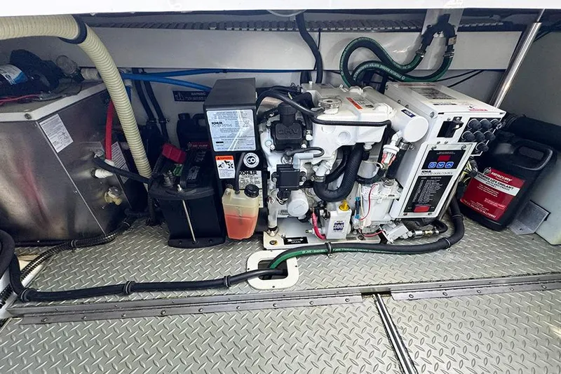 Section 117 Yacht Photos Pics Engine compartment of a 2011 Formula 370 Super Sport boat, showcasing mechanical components.