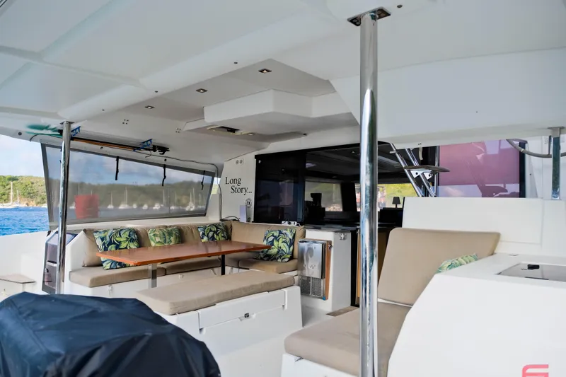 Long Story Yacht Photos Pics 2019 Fountaine Pajot Saona 47 yacht interior with seating and dining area.